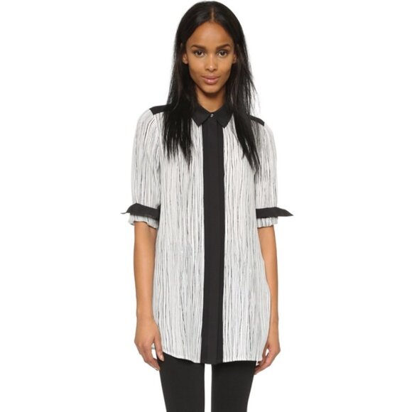 Vince Wavy Striped Silk Button Down Tunic Blouse Top XS Womens Cream Black - Picture 11 of 12